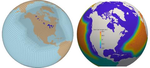 North American RRM (NARRM) grids for the atmosphere and land (left, 25->100km) and for the ocean and sea ice (right, 14->60km).