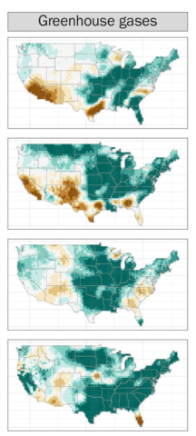 These maps show how aerosol and greenhouse gas emissions influence extreme rainfall across the seasons. Green indicates an increase in rain, while brown means a decrease. Greenhouse gases largely increase rainfall across all the seasons, but aerosols work in two ways: the slow impact generally causes drying across the seasons, while the fast impact causes more drying in the winter and spring, and more rain in the summer and fall. 