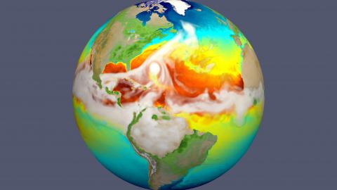 The high-resolution E3SM earth system model simulates the strongest storms with surface winds exceeding 150 mph—hurricanes that leave cold wakes that are 2 to 4 degrees Celsius cooler than their surroundings. This simulation from E3SM represents how sea surface temperature changes evolve as a hurricane (seen here approaching the U.S. East Coast) moves across the Atlantic and how the resultant cold wake affects subsequent intensification of the next hurricane. 