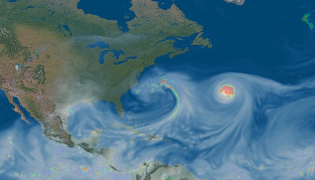 An example of a Category 5 hurricane simulated by the E3SM at 13 km resolution. Image courtesy of DOE’s Energy Exascale Earth System Model (E3SM) project. 