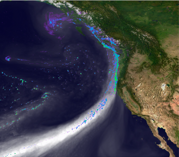 Snapshot of the simulated landfall of an atmospheric river by SCREAM at 3-kilometer resolution along the west coast of North America on February 11, 2020. Grey tones depict water vapor. Colors indicate precipitation intensity from blue (light rain) to green (intense precipitation). Image courtesy of DOE’s Energy Exascale Earth System Model (E3SM) project.