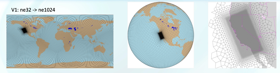 North American RRM (NARRM) grids for the atmosphere dynamical core are shown in (a) a cylindrical equidistant projection and (b) an orthographic projection.