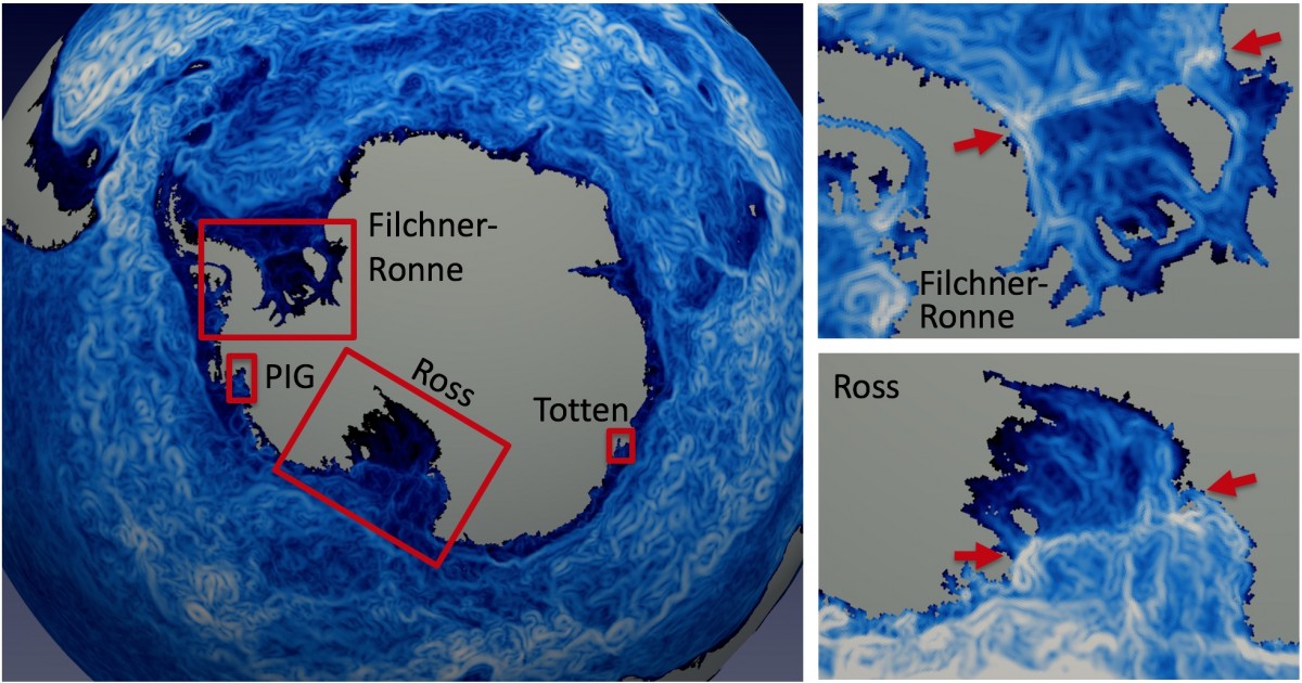 The image of instantaneous column-integrated ocean speed for the high-resolution simulation shows significant eddy activity throughout the Southern Ocean. Right panels reveal currents near and below the Filchner-Ronne and Ross ice shelves, where the shelf edge is denoted by arrows.