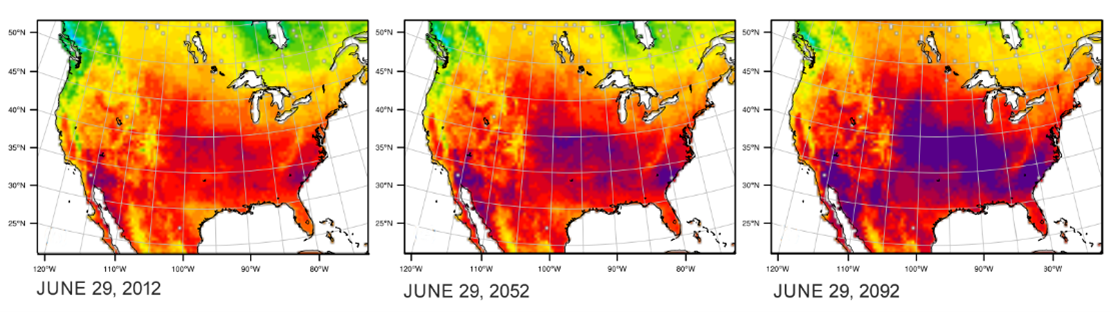 In this simulation of a future North America, purple and dark red indicate areas of more intense surface temperatures. Left to right: A historic heat wave event from 2012, the historic event replayed in 2052, and the historic event replayed in 2092 for one of the four scenarios. 