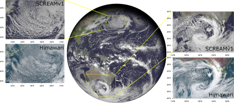 Snapshots of outgoing shortwave radiative flux at the model top from a January SCREAM simulation, taken two days into the simulation (2020-01-22 at 02:00:00 UTC). The orthographic projection in the middle panel shows model clouds represented by shortwave flux superimposed on a NASA Blue Marble image (NASA Visible Earth – Home). The insets show comparisons against Himawari-8 visible satellite imagery for two scenes: a cold air outbreak event near Siberia (left), and a cyclone south of Australia (right).