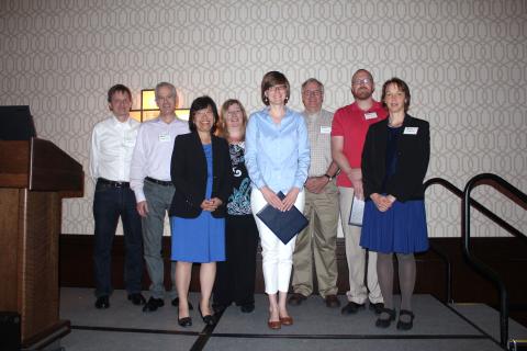 Pictured left to right: Mark Taylor, Sandia National Laboratories; Bill Collins, Lawrence Berkeley National Laboratory; Sharlene Weatherwax, U.S. DOE; Renata McCoy, Lawrence Livermore National Laboratory; Dave Bader, Lawrence Livermore National Laboratory; Jim Foucar, Sandia National Laboratories; and Dorothy Koch, Program Manager for the Earth System Modeling Program of the U.S. DOE’s Office of Science, the sponsor of the ACME project.
