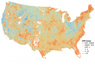 A national map of the median bed-material sediment particle size (D50). The blue color is for large D50 values and the red color is for small D50 values.