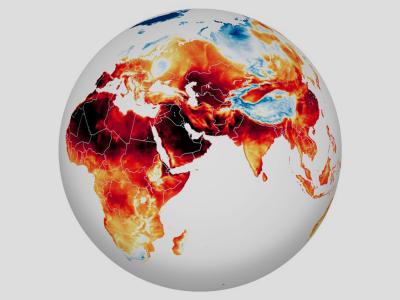 Image of a globe with dark warm colors over Africa and the Middle East, representing increasing temperatures