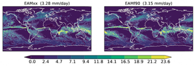 Precipitation averaged over the last 30 days of an EAMxx simulation (left) and corresponding EAMf90 simulation (right). Both simulations use grid spacing of 28 km.