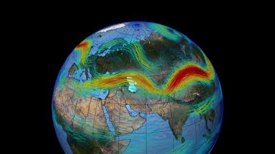 Image of the globe with superimposed bright colored representations of wind.