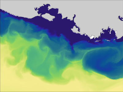 Graphic showing salinity fronts through a range of colors, from yellow to purple.