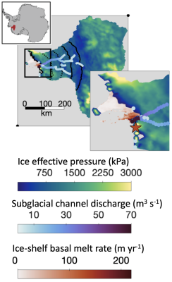 Modeled subglacial channel network and effective pressure beneath Thwaites Glacier, plotted with observed sub-ice-shelf melt rates (Adusumilli et al., 2020). The inset is an enlarged view of the near-terminus region in the black box.