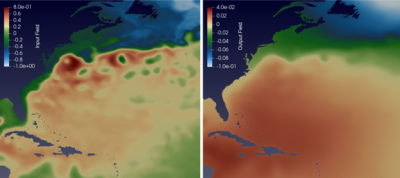 Generated figures of the sea surface near the east coast of the U.S. with colors representing projected sea surface height