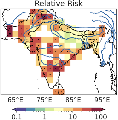 Relative risk of disasters due to the presence of LPS (values >1 indicate that risk of disaster occurrence is increased due to the presence of a low pressure system).