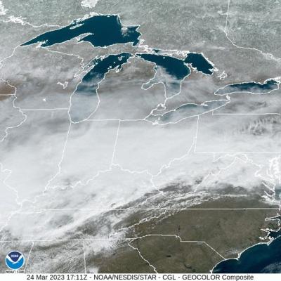 Satellite image of the Great Lakes region covered by clouds: Understanding the hydrological cycle and precipitation moisture sources in the Great Lakes region is key to accurately projecting future water levels. (Image from the GOES-East-Sector view of Great Lakes | National Oceanic and Atmospheric Association)