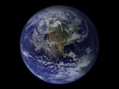Image of the Earth with a grid mesh overlay. (Base image obtained from NASA Visible Earth. The model grid was overlaid by K. Sakaguchi | Pacific Northwest National Laboratory)