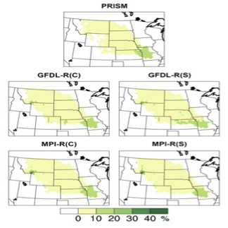 The spatial distribution of event frequency at each anal-ysis grid point, given as the % time a grid point is con-tained in an extended-period event. Upper row: PRISM frequencies. Middle row: GFDL-RegCM4 frequencies (contemporary left, scenario right). Bottom row: like the middle row but for MPI-RegCM4 frequencies. 