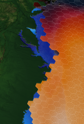 Example of baroclinic (coarse, shown with temperature field) and barotropic (fine, shown with sea-surface height field) meshes, which will be coupled under this project. In realistic applications, the barotropic mesh shown here at 5km resolution will be on the order of 100 m.