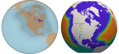 Figure 1. North American RRM (NARRM) grids for the atmosphere and land (left, 25->100km) and for the ocean and sea ice (right, 14->60km).