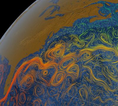 Simulation of Atlantic Ocean circulation. Image courtesy of NASA. 