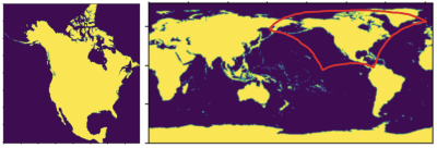 Figure 6: North America land mask (1km x 1km resolution) presented in a Lambert Conformal Conic (LCC) projection (left) and a global lank mask in WGS84 coordinates (0.5-degree x 0.5-degree) (right). The redline zone represents the rectangular domain in the left panel. 