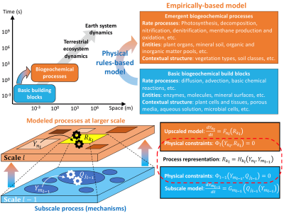 Upper: Empirically-based models do not sufficiently address interactions between biogeochemical processes, while physical rules support the adoption of basic biogeochemical building blocks to enhance scale coherence between biogeochemical processes. Lower: Physical rules ensure scaling coherence between fine- and coarse-scale processes.