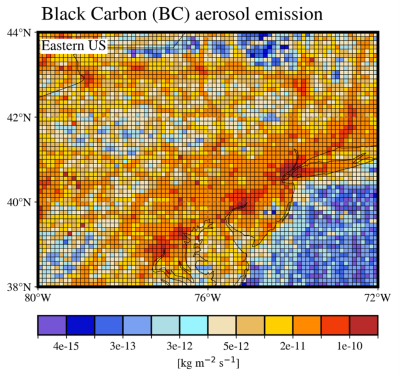 A heat map of black carbon aerosol emission. 