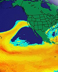 Atmospheric rivers can slam the western USA with heavy precipitation. In this model representation from the Community Atmosphere Model, vertically integrated water vapor is simulated at 30km high resolution. The simulated atmospheric river shows how moisture (dark yellow and orange) is carried from the tropics to the U.S. west coast. Image courtesy of the authors.