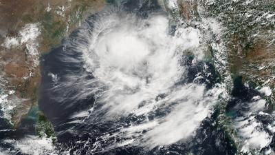 Tropical cyclone forming and heading toward the Bay of Bengal.