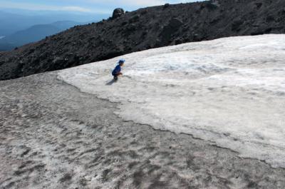 Patchy snow can intermix with large areas of exposed soil and get dirty. The dirtier snow melts faster than cleaner snow. Photo taken on Mt. Hood, Oregon, USA, by the co-author, Hailong Wang. 