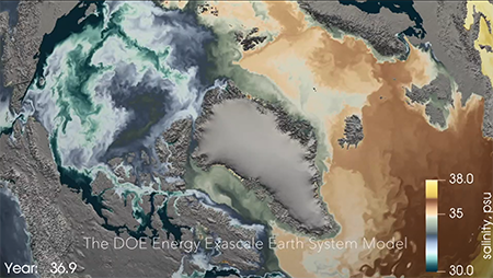 A visualization of salinity in the Arctic and subpolar North Atlantic, centered on Greenland.