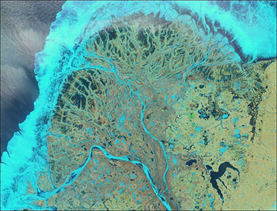 This image of Alaska’s Yukon Delta shows extensive ice cover in the delta channels, lakes, and near the delta shoreline. This ice cover affects how water, sediment, and nutrients get routed to the coast.