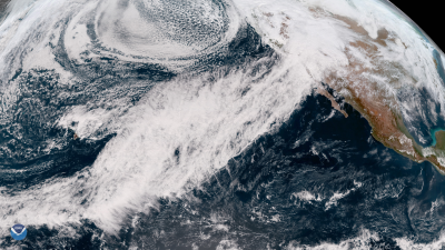 NOAA Geostationary Operational Environmental Satellite (GOES) image of an atmospheric river making landfall along the US west coast in February 2019 which generated record-setting precipitation in southern California. 