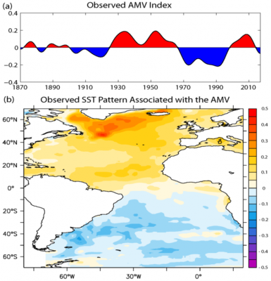 Shown here is (a) observed AMV index and (b) sea surface temperature pattern associated with AMV. 
