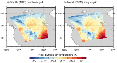NCO remapping of HDF format, fine-scale temperature data derived from NASA satellite measurements (left), onto a coarser DOE E3SM model grid in netCDF format (right).